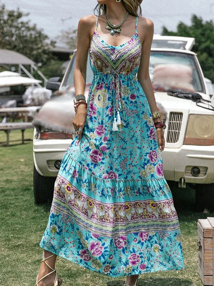 2024 Summer Bohemian Floral Print Beach Sundress Boho Dress
