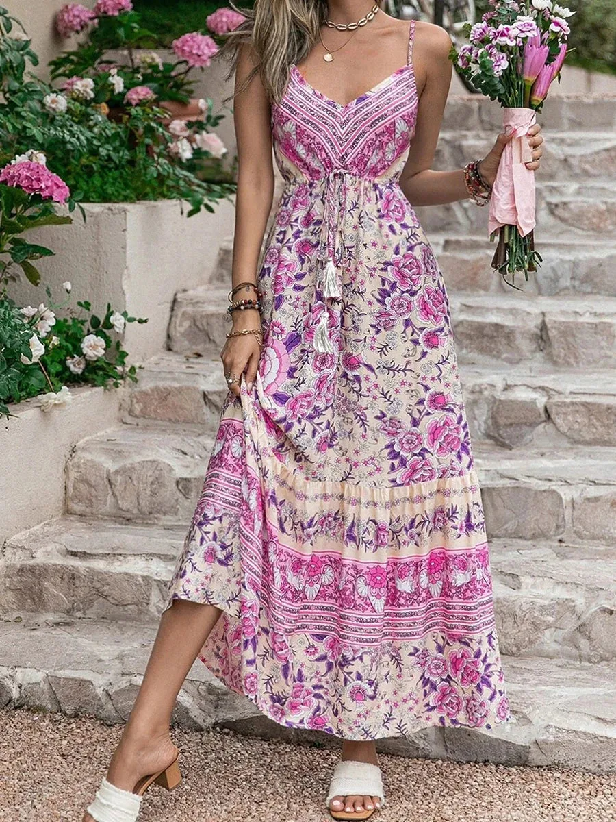 2024 Summer Bohemian Floral Print Beach Sundress Boho Dress