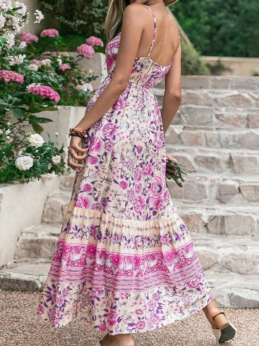 2024 Summer Bohemian Floral Print Beach Sundress Boho Dress