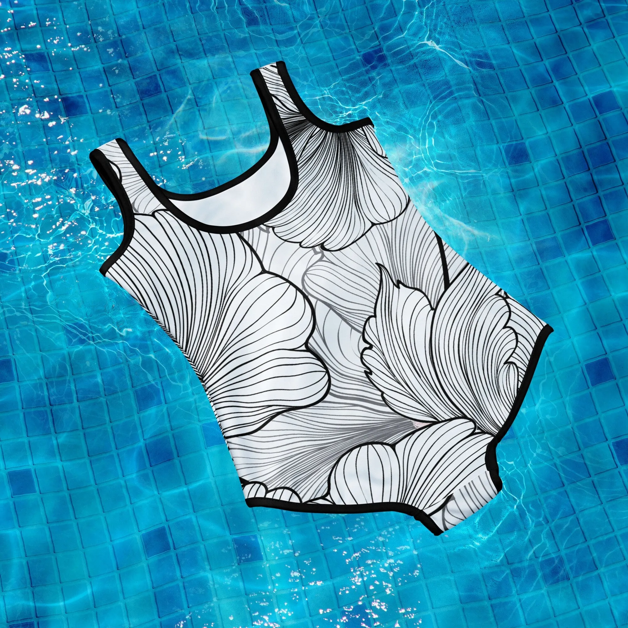 Abstract Flowers Black and White Print Youth Swimsuit Leotard
