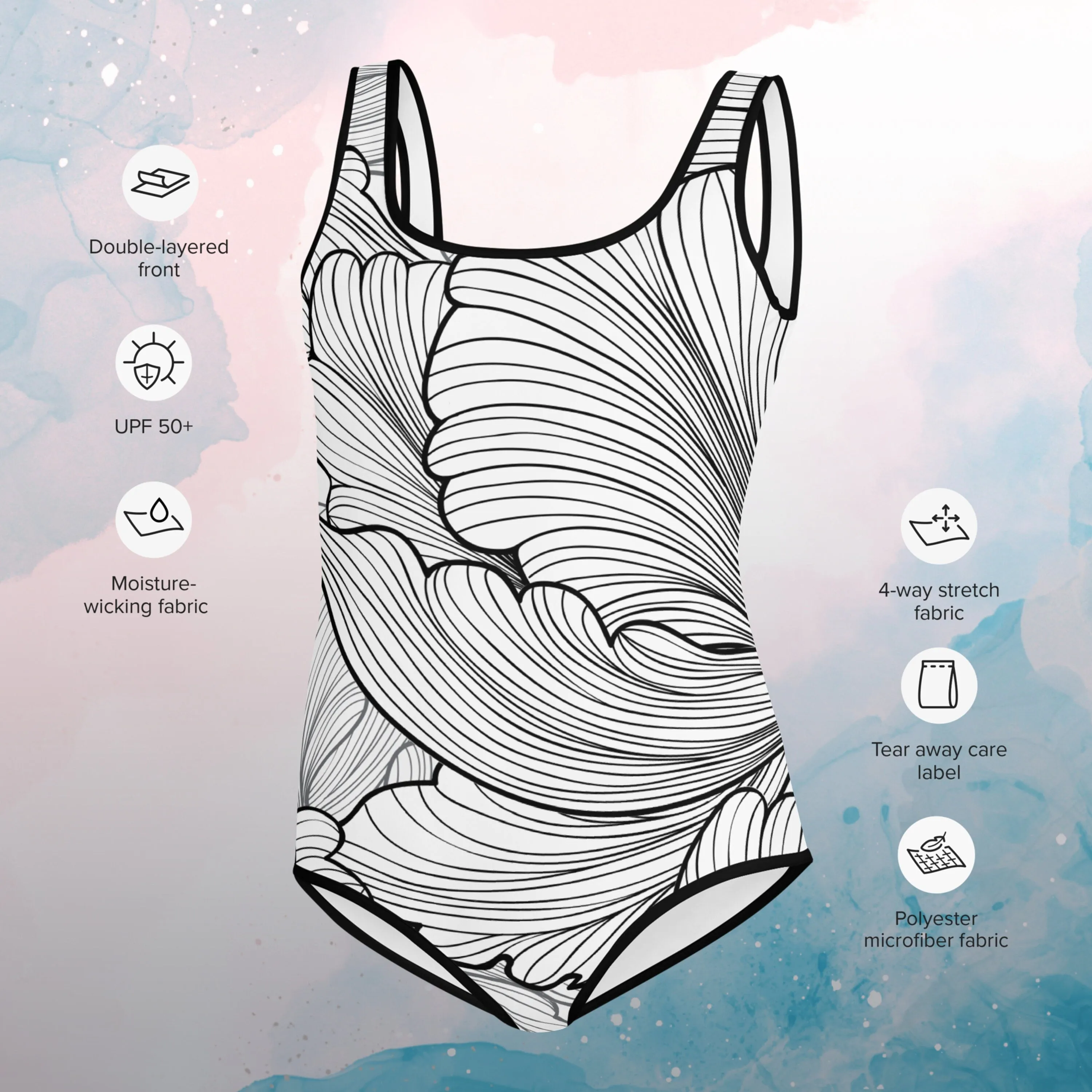 Abstract Flowers Black and White Print Youth Swimsuit Leotard