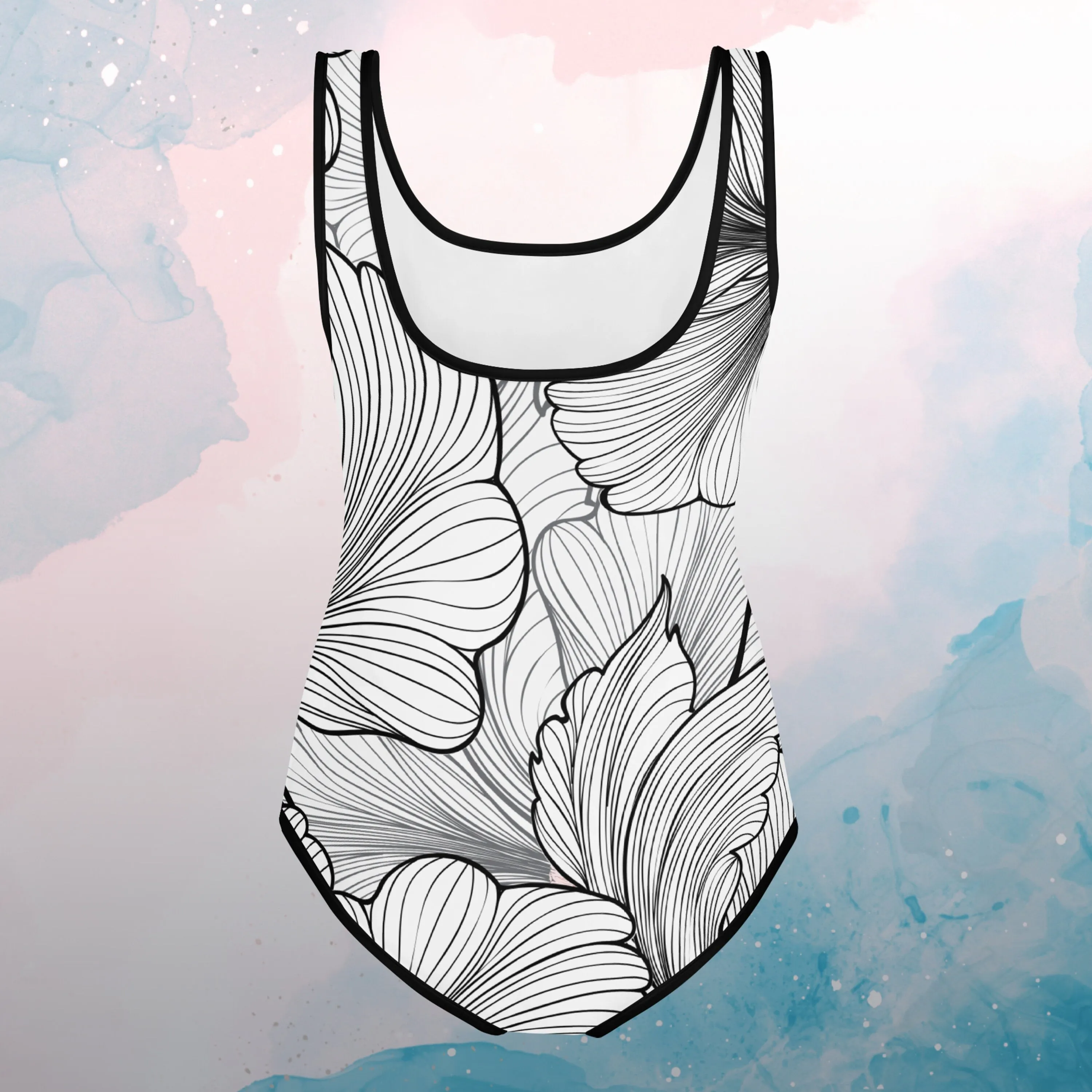 Abstract Flowers Black and White Print Youth Swimsuit Leotard