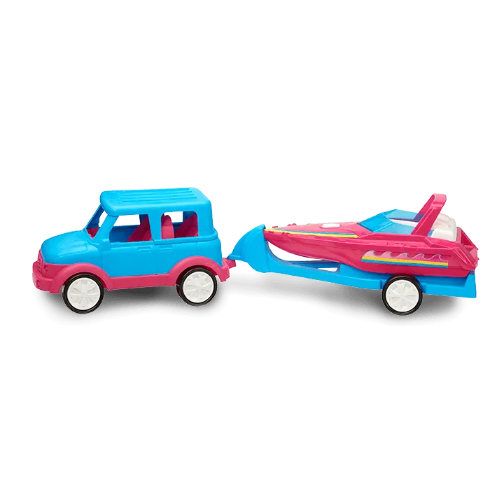 AMERICAN PLASTIC  Fashion Doll Boating Set 2 piece set - Just attach the boat & trailer to the doll’s SUV and they are off - 90200