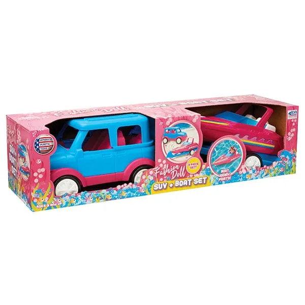 AMERICAN PLASTIC  Fashion Doll Boating Set 2 piece set - Just attach the boat & trailer to the doll’s SUV and they are off - 90200