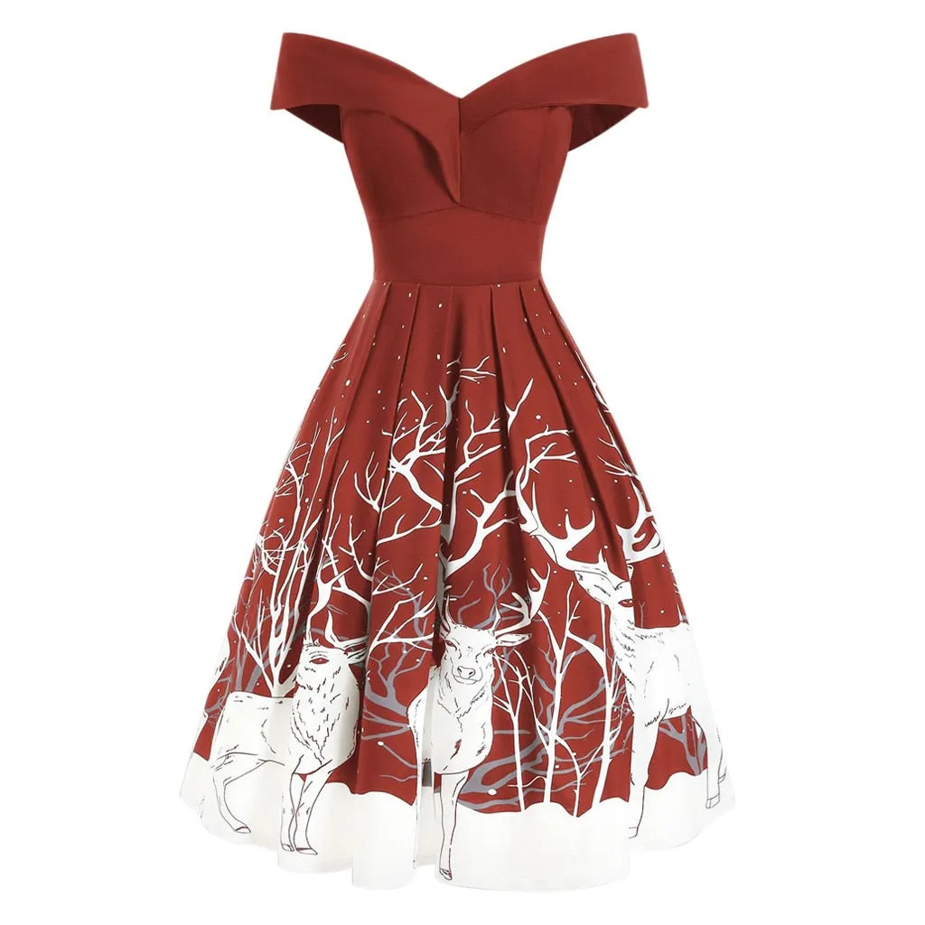 Amy Fashion - Christmas Floral Print Cold Shoulder Flounce Trim Dress