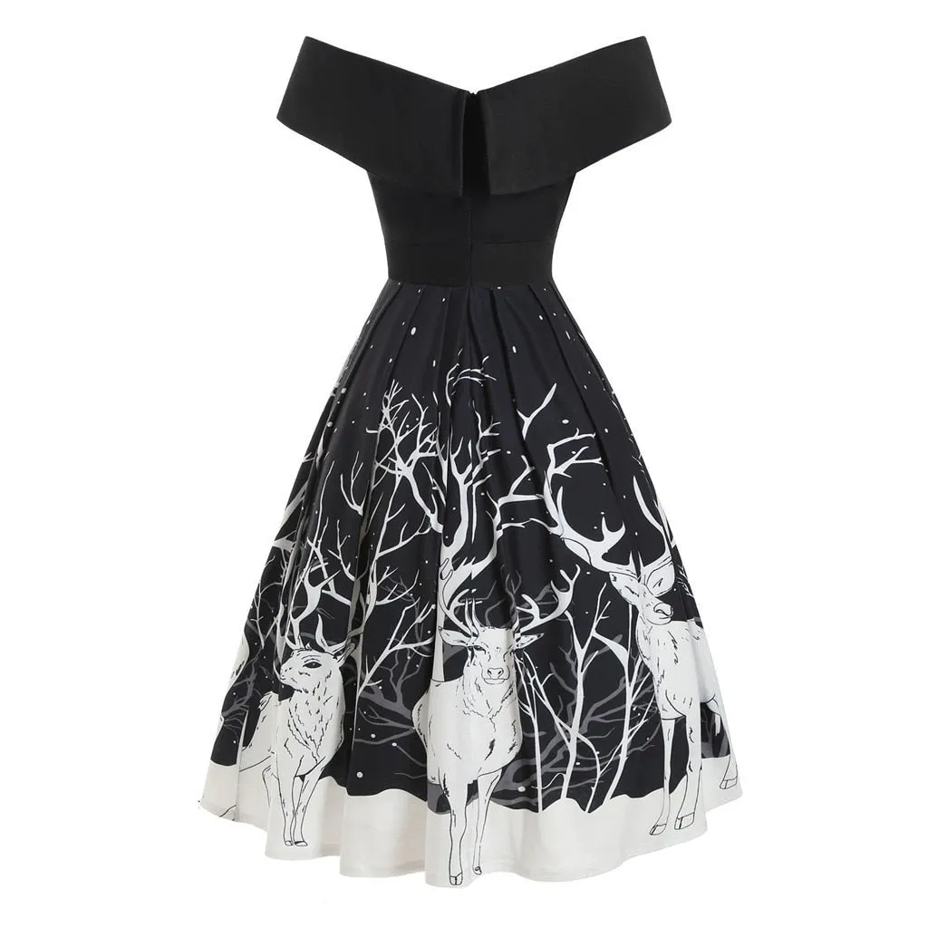 Amy Fashion - Christmas Floral Print Cold Shoulder Flounce Trim Dress