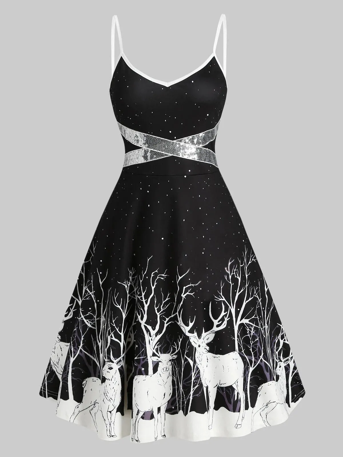 Amy Fashion - Christmas Floral Print Cold Shoulder Flounce Trim Dress