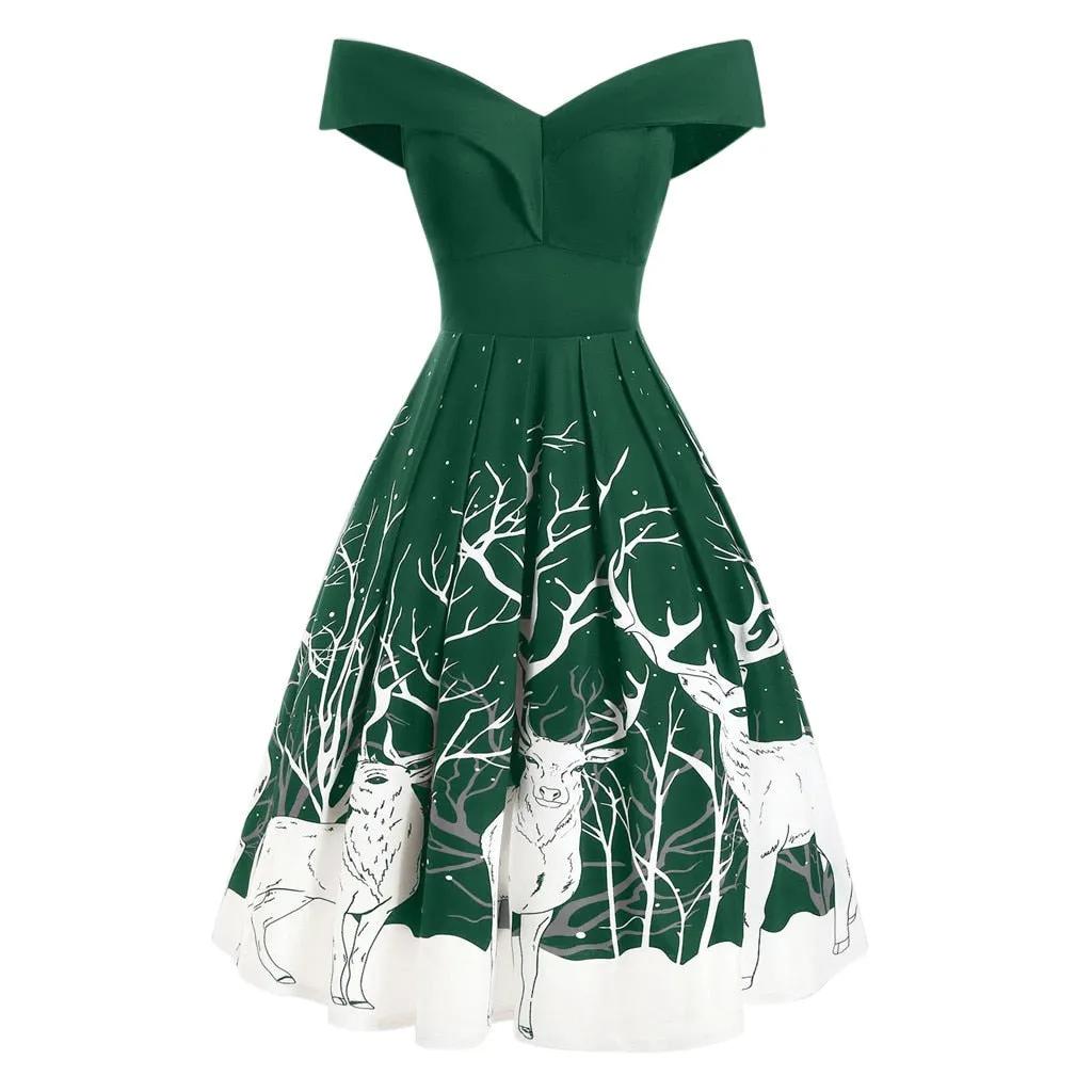 Amy Fashion - Christmas Floral Print Cold Shoulder Flounce Trim Dress