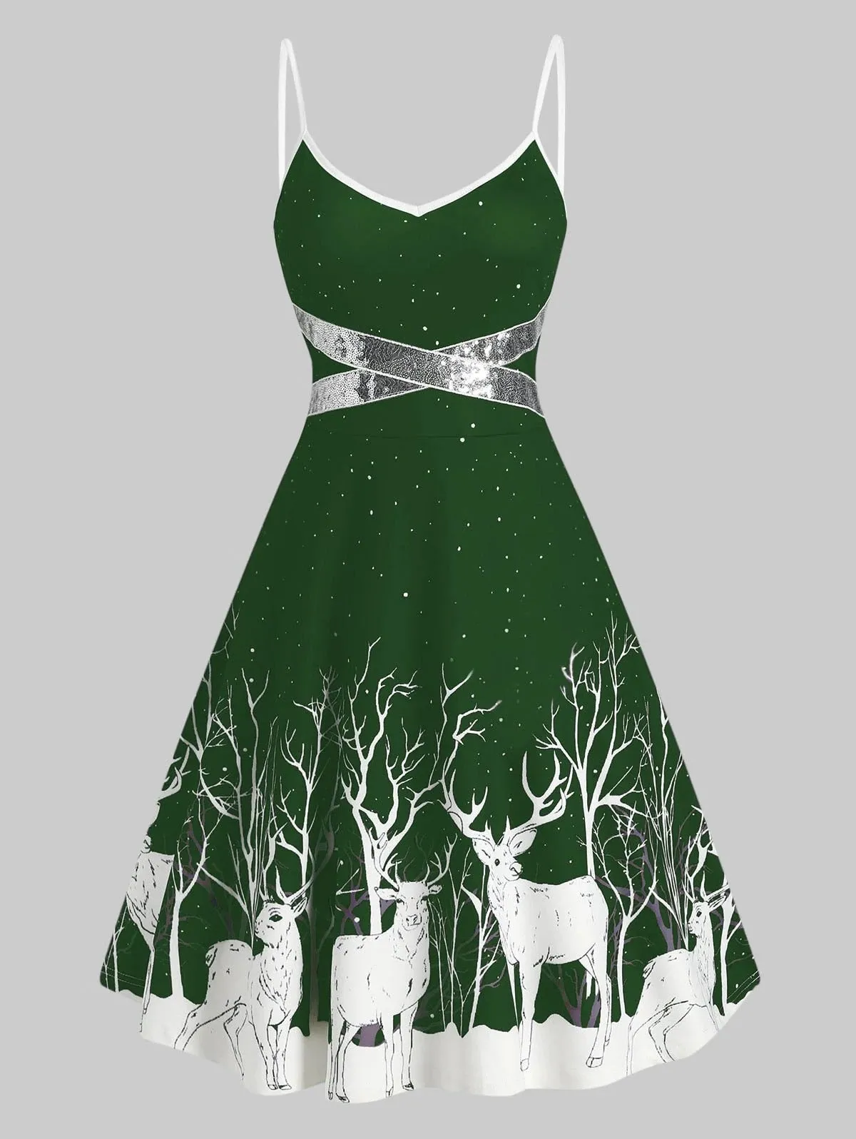 Amy Fashion - Christmas Floral Print Cold Shoulder Flounce Trim Dress