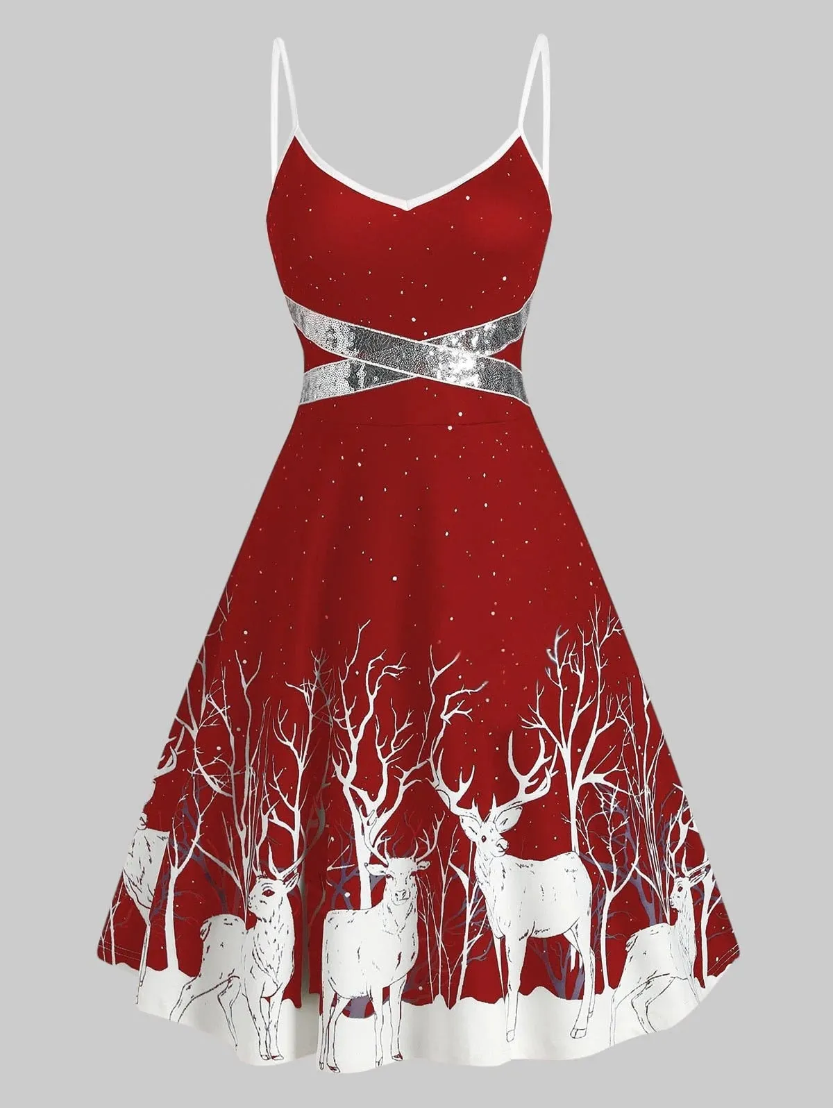 Amy Fashion - Christmas Floral Print Cold Shoulder Flounce Trim Dress