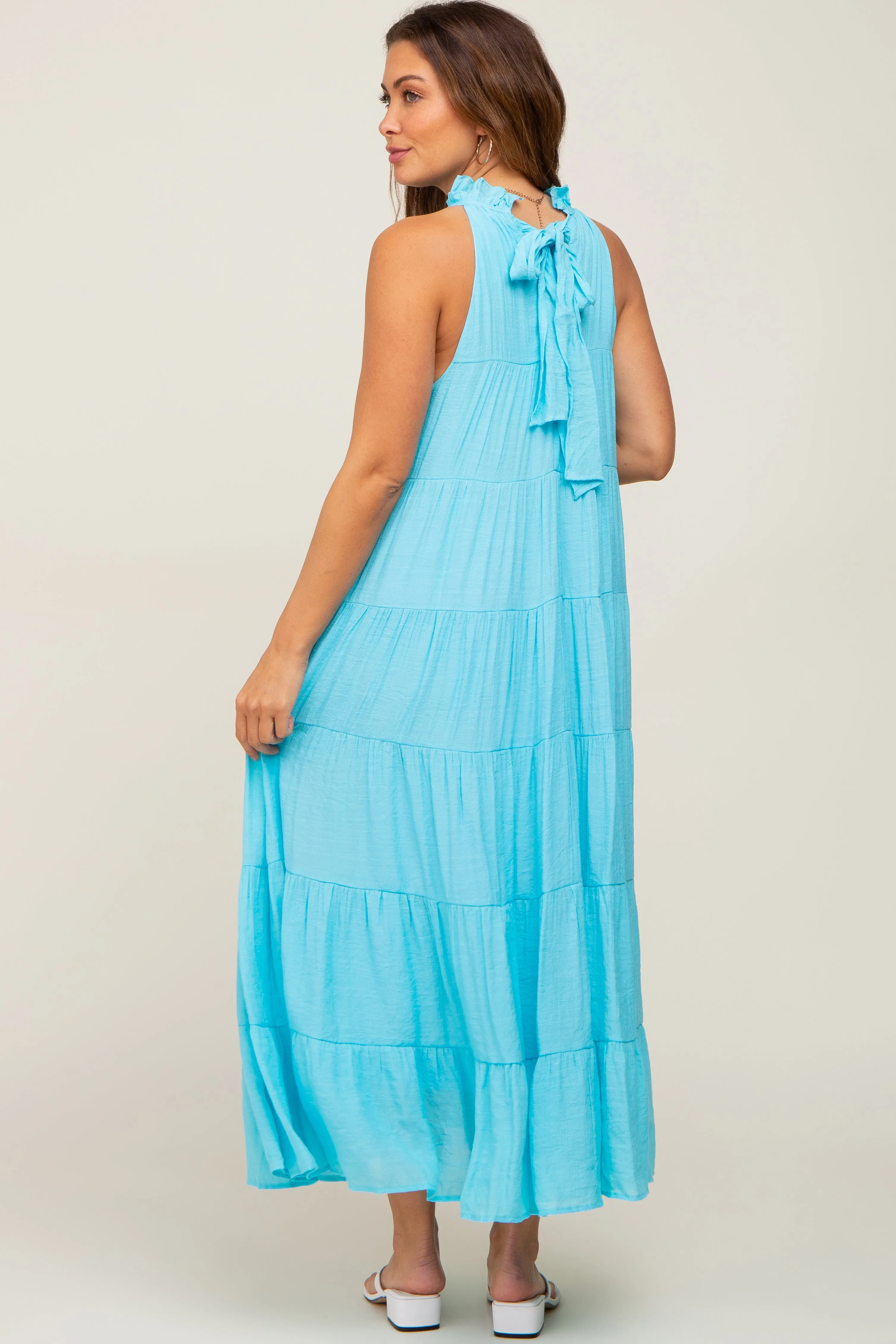 Aqua Tiered High Neck Maternity Maxi Dress