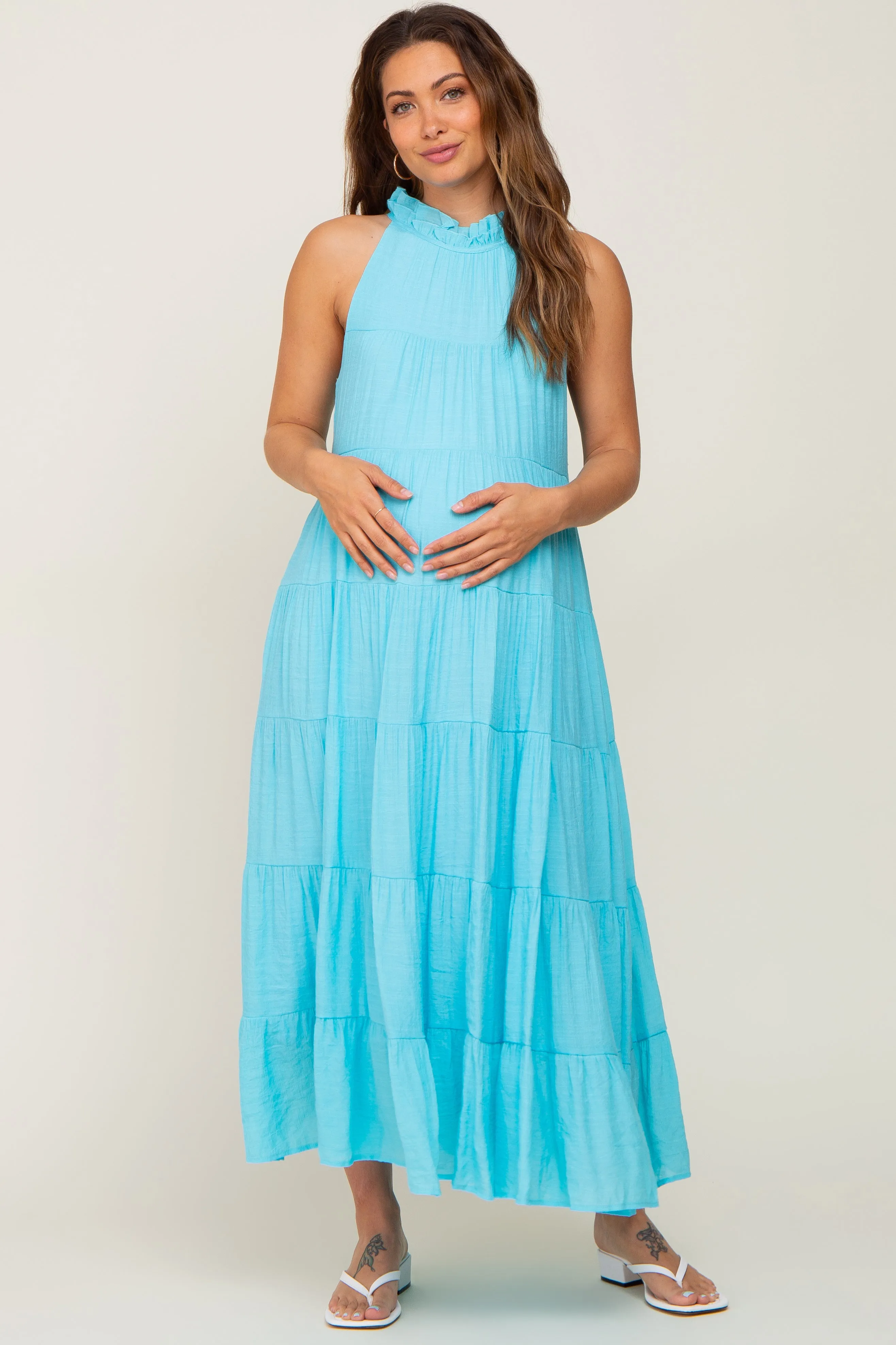 Aqua Tiered High Neck Maternity Maxi Dress