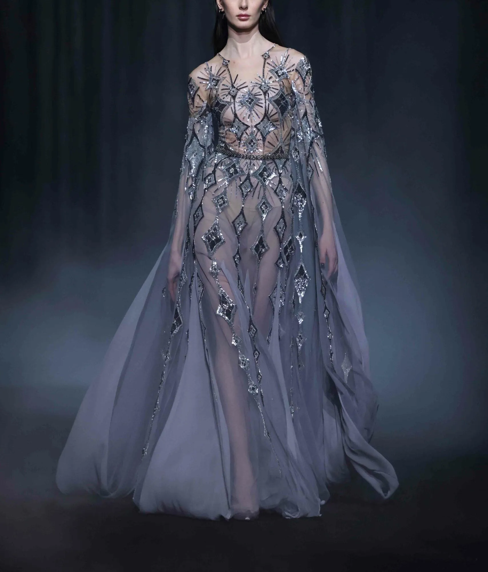 Beaded Tulle Long Dress
