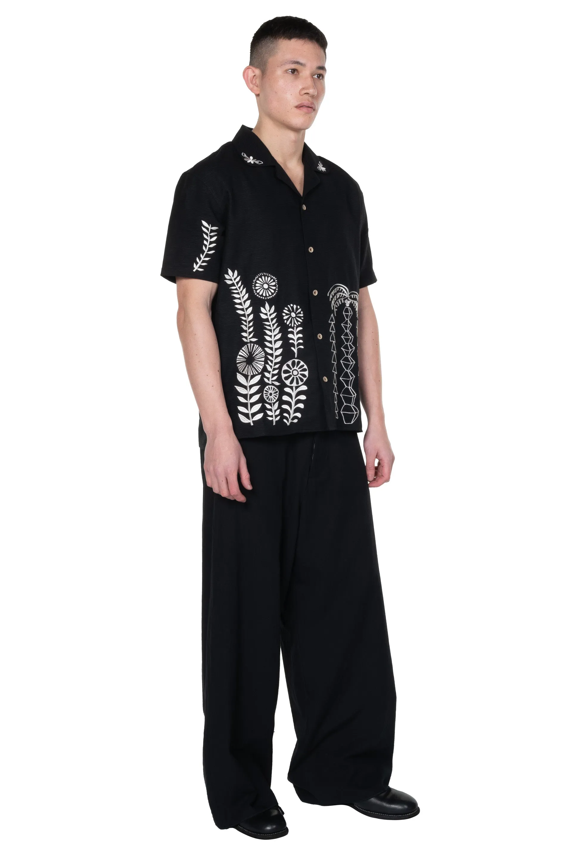 Black May Embroidery Open Collar Shirt