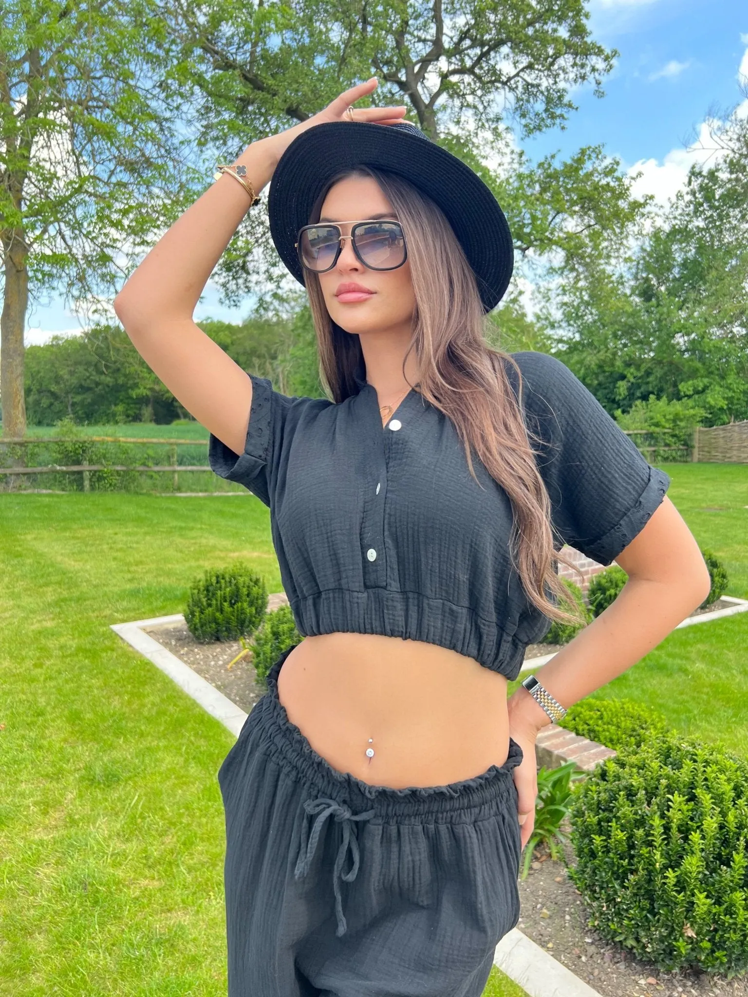 Black Santorini Broderie Anglaise Trimmed Cropped Shirt