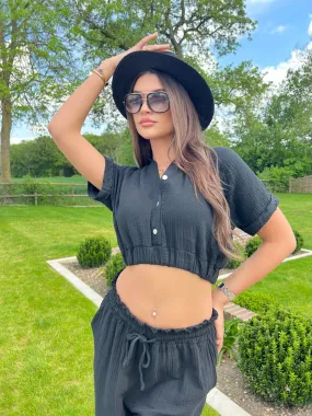 Black Santorini Broderie Anglaise Trimmed Cropped Shirt
