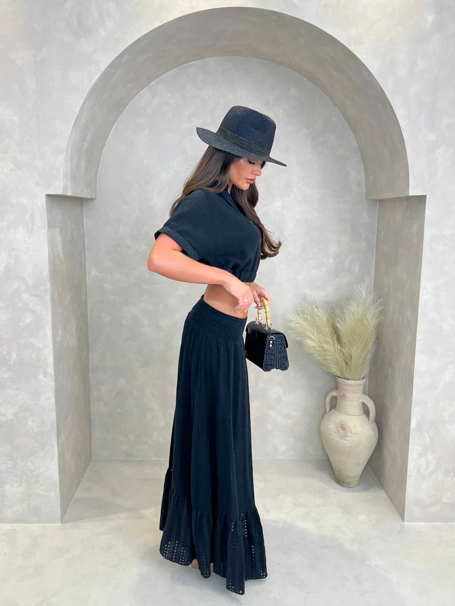 Black Santorini Broderie Anglaise Trimmed Cropped Shirt