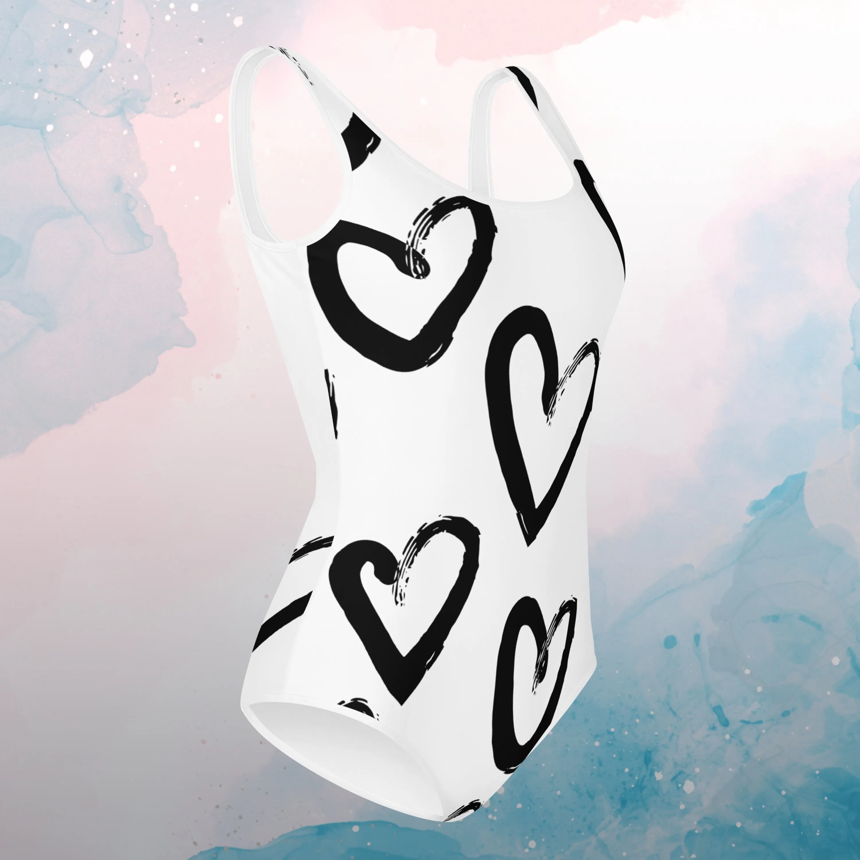 Bold Brush Stroke Hearts Print Youth Swimsuit Leotard