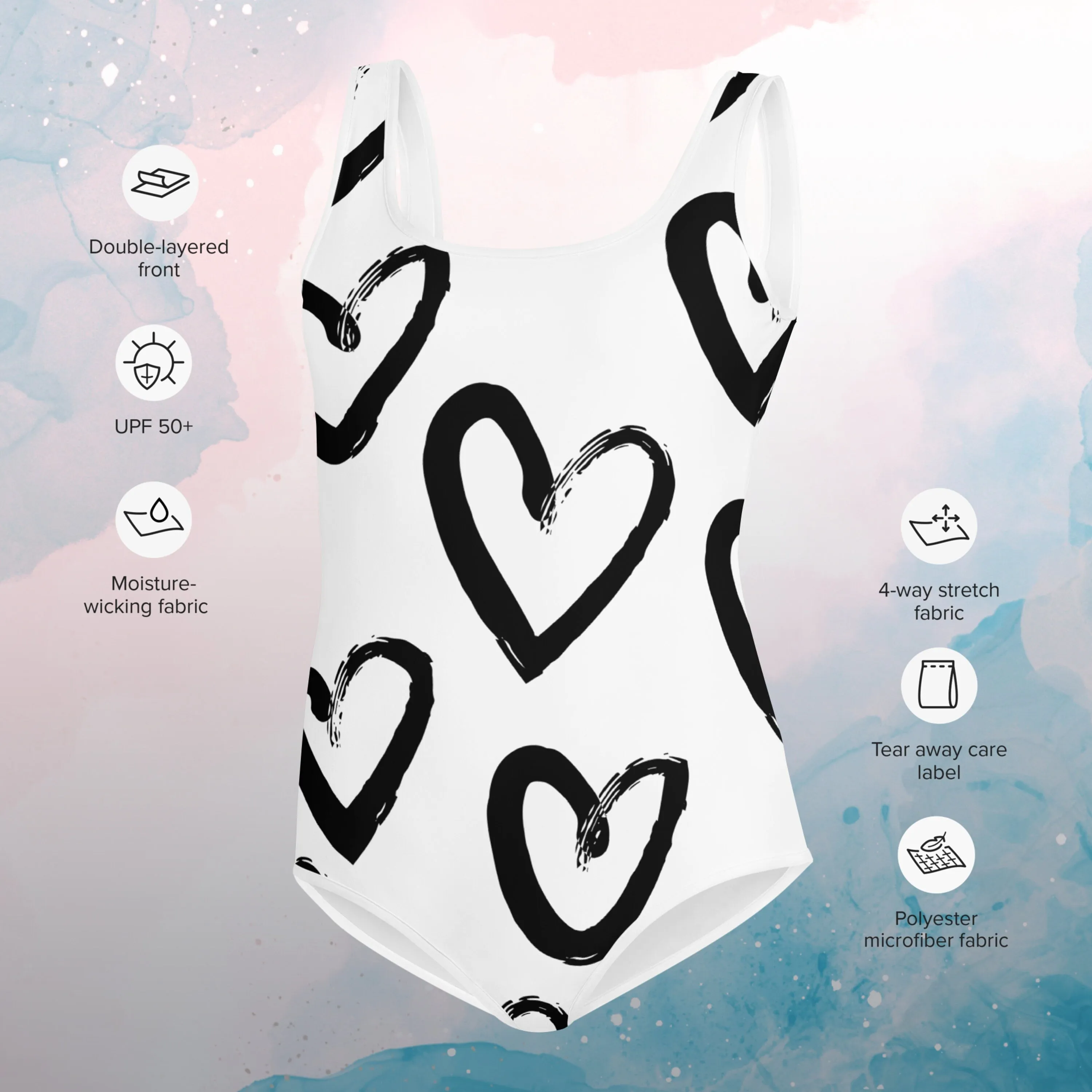 Bold Brush Stroke Hearts Print Youth Swimsuit Leotard