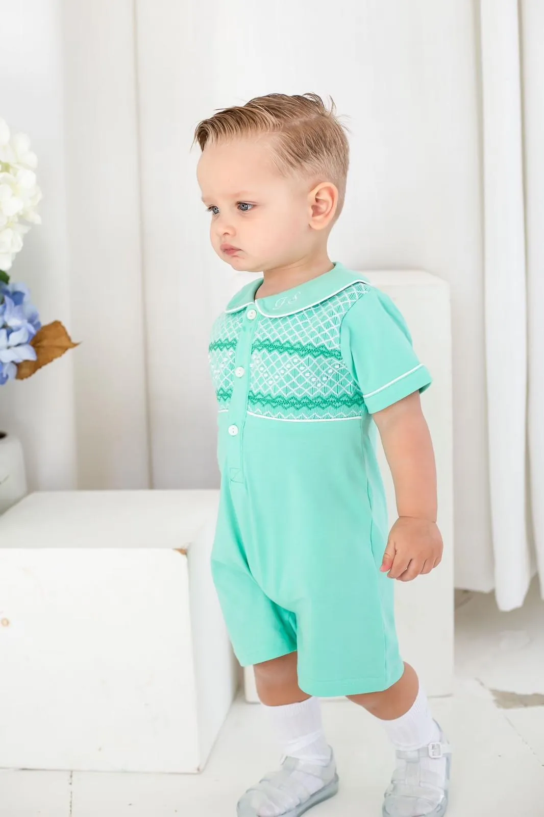 Boys Mint Smocked Romper