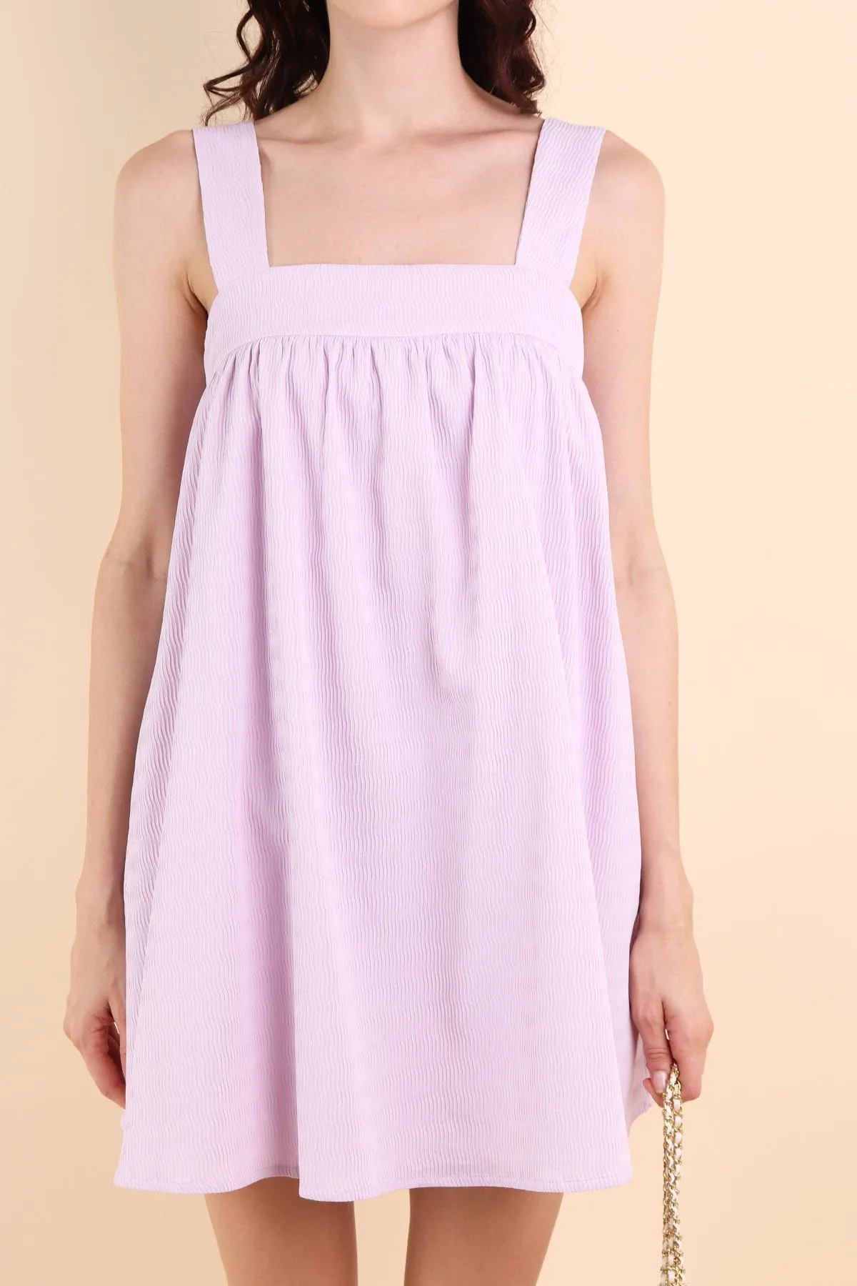 CALLIE TEXTURED TRAPEZE ROMPER DRESS IN LILAC