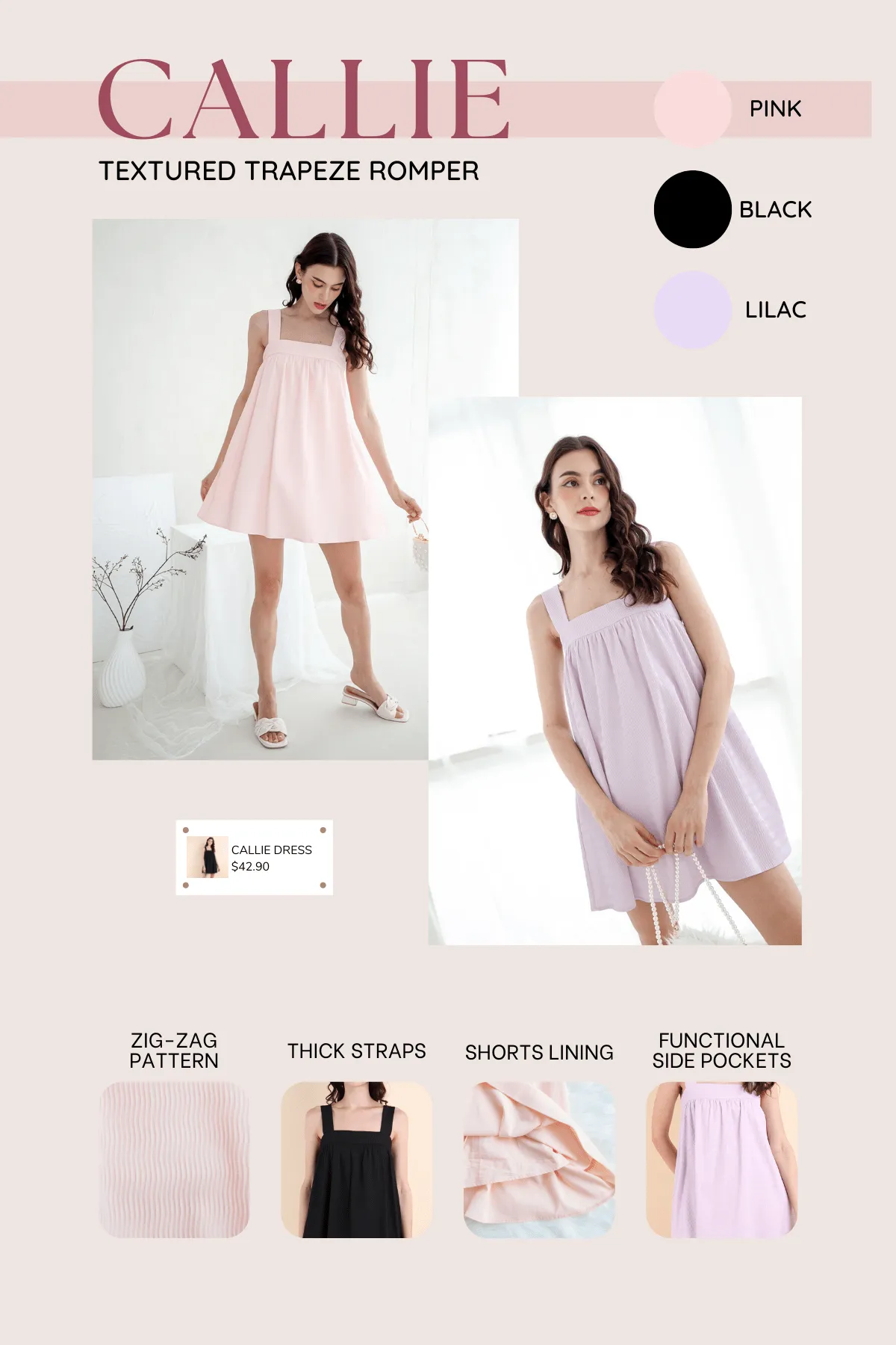CALLIE TEXTURED TRAPEZE ROMPER DRESS IN LILAC