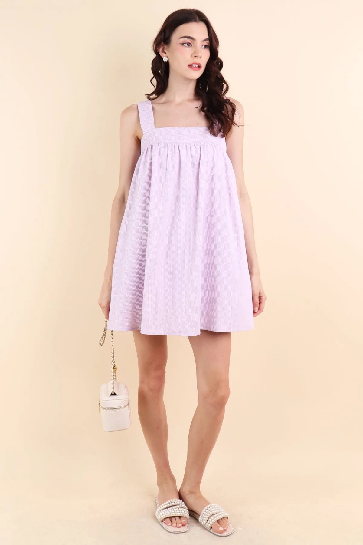 CALLIE TEXTURED TRAPEZE ROMPER DRESS IN LILAC