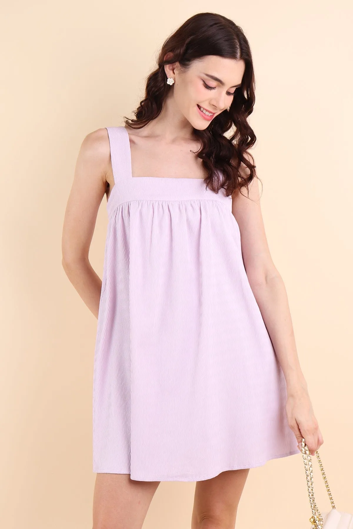 CALLIE TEXTURED TRAPEZE ROMPER DRESS IN LILAC
