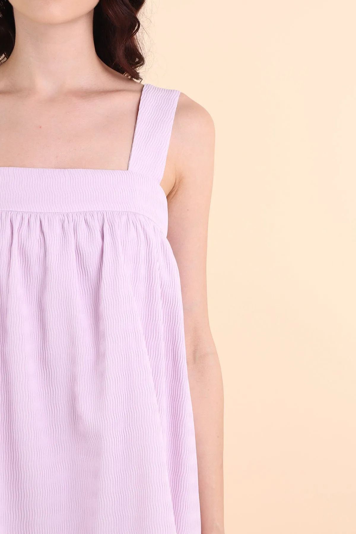 CALLIE TEXTURED TRAPEZE ROMPER DRESS IN LILAC