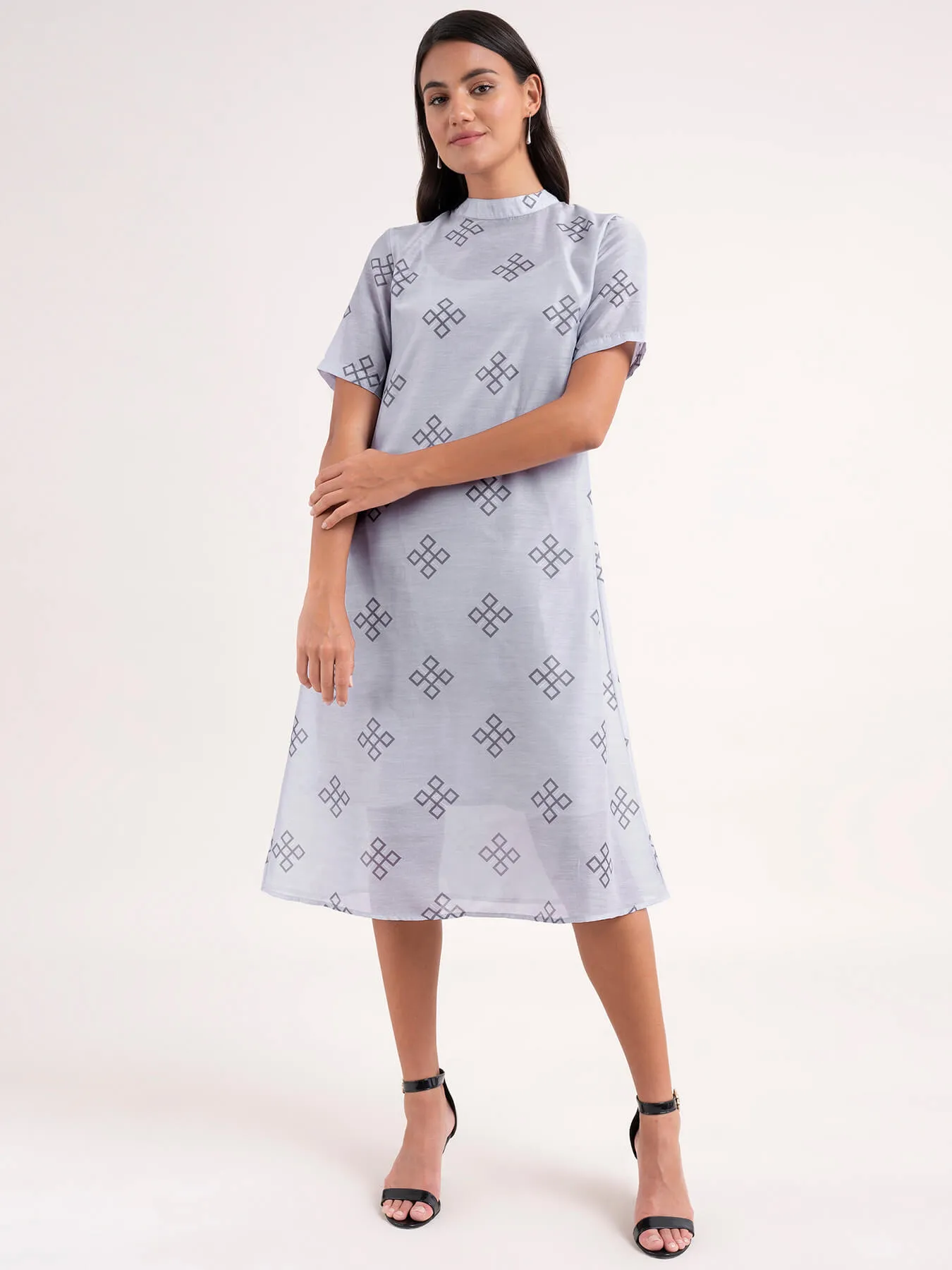Chanderi Indian Motif Dress - Grey