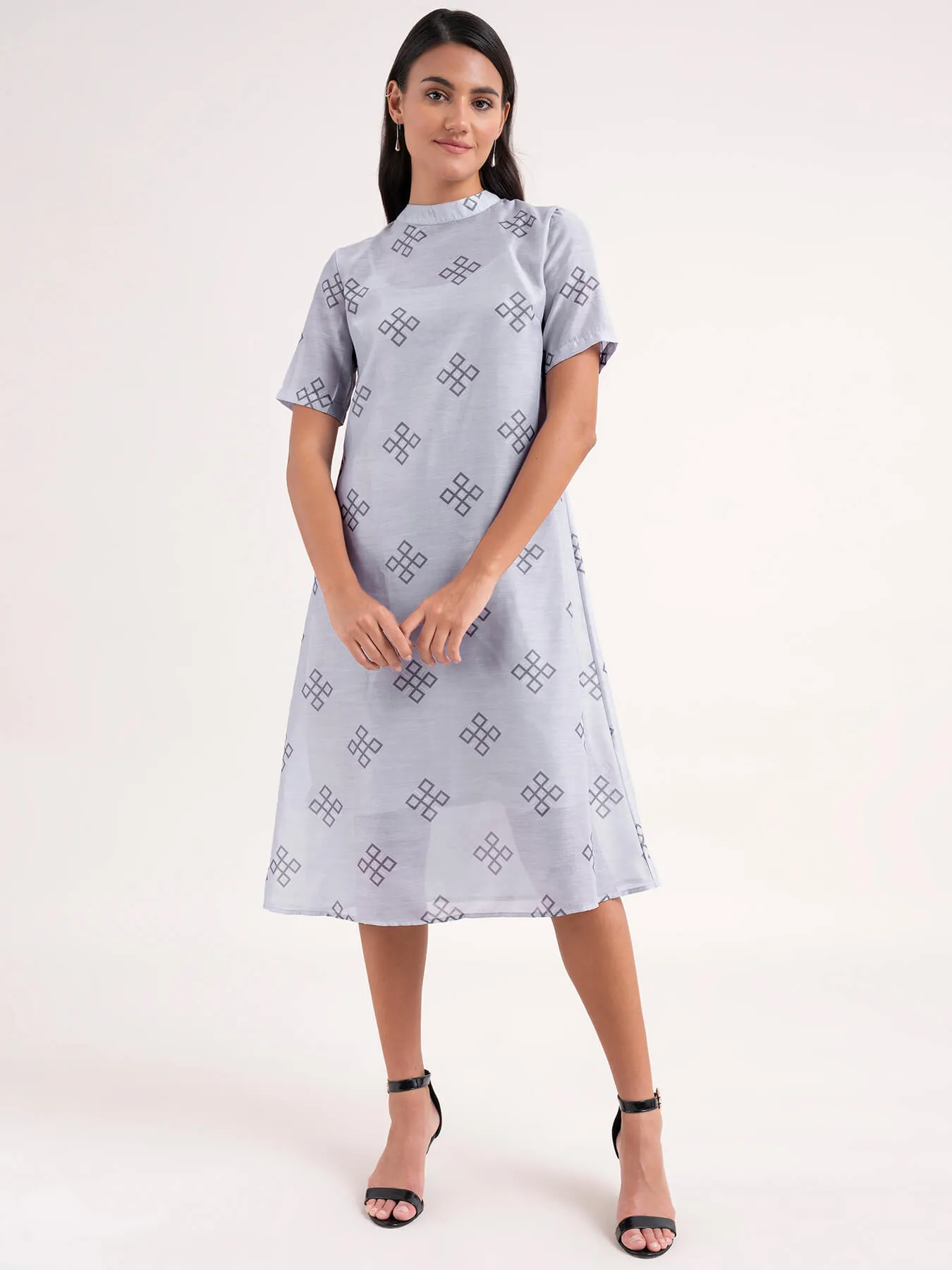 Chanderi Indian Motif Dress - Grey