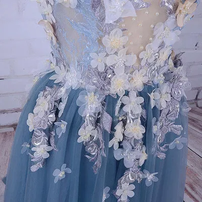 Charming A-line Scoop Tulle Long Prom Dress/Evening Dress with Flowers, SP395