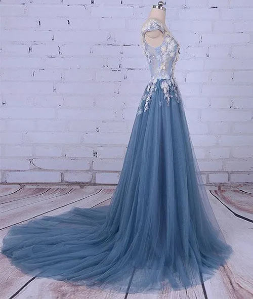Charming A-line Scoop Tulle Long Prom Dress/Evening Dress with Flowers, SP395