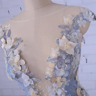 Charming A-line Scoop Tulle Long Prom Dress/Evening Dress with Flowers, SP395
