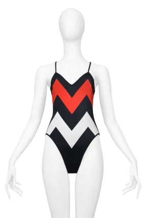 CHRISTIAN DIOR BLACK, RED & WHITE CHEVRON SWIMSUIT 1999