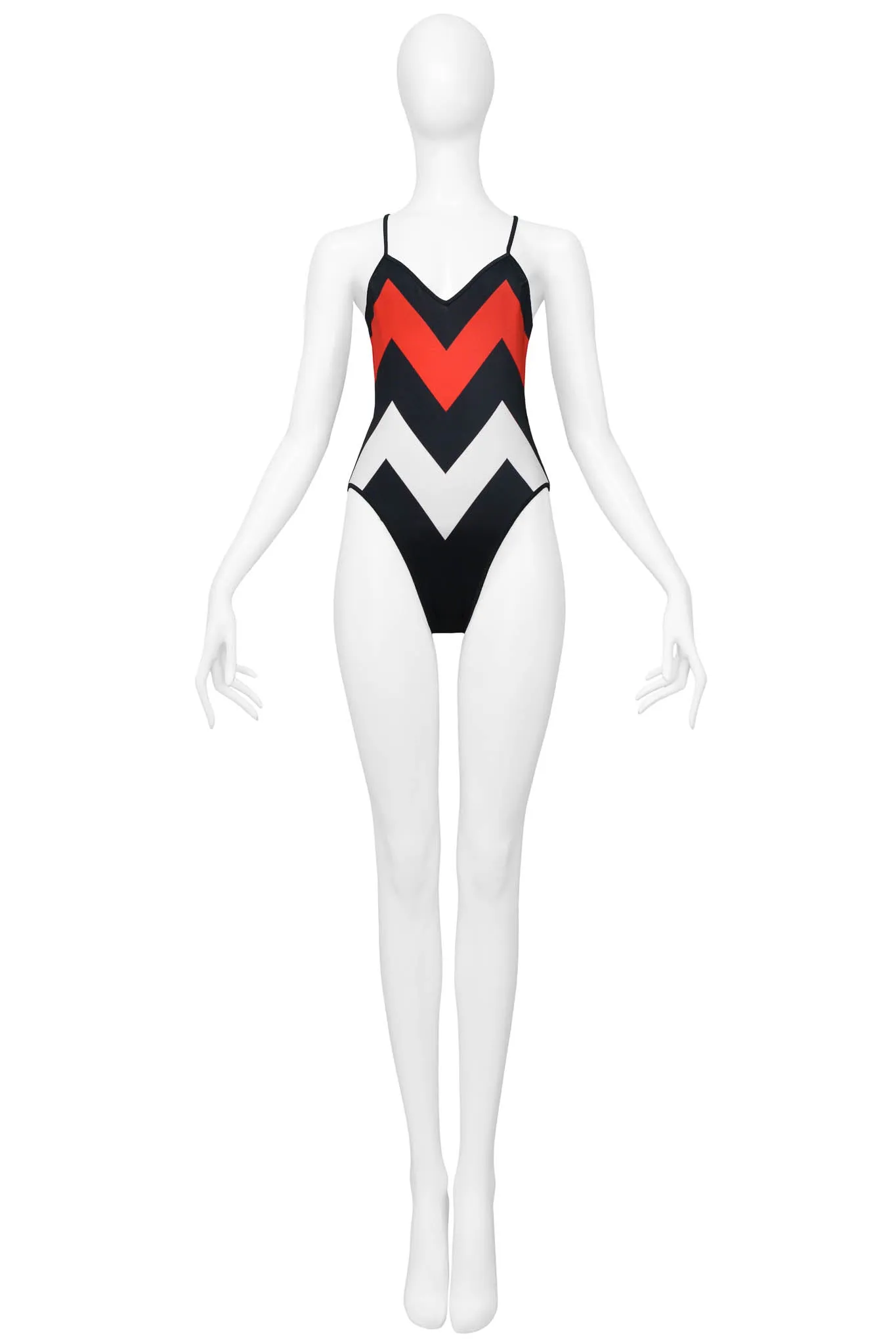 CHRISTIAN DIOR BLACK, RED & WHITE CHEVRON SWIMSUIT 1999