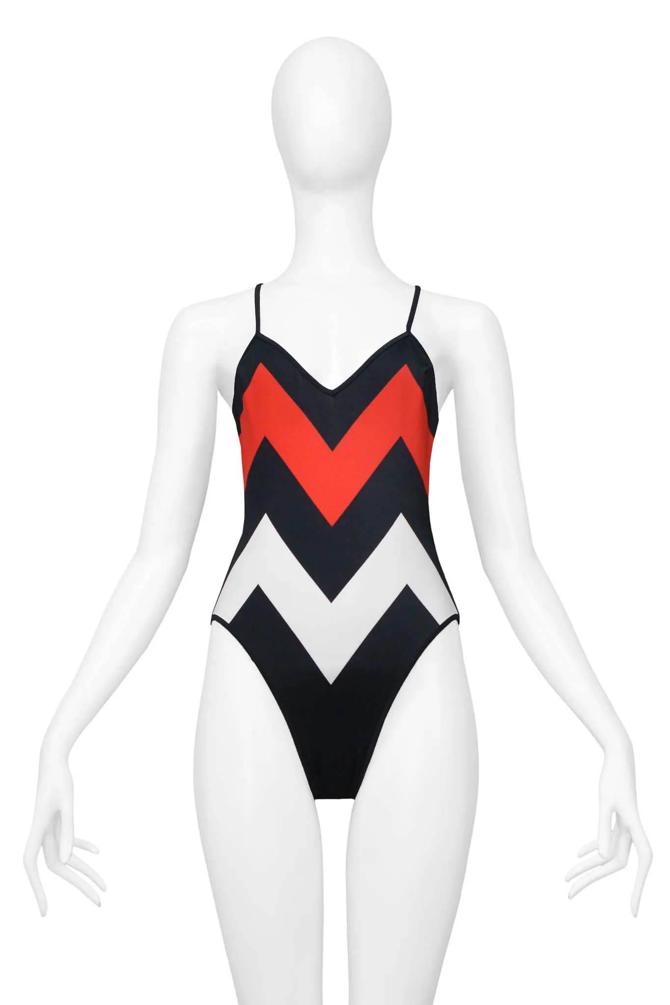 CHRISTIAN DIOR BLACK, RED & WHITE CHEVRON SWIMSUIT 1999