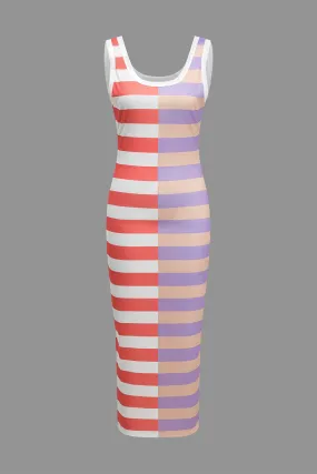 Contrast Stripe Print Tank Midi Dress