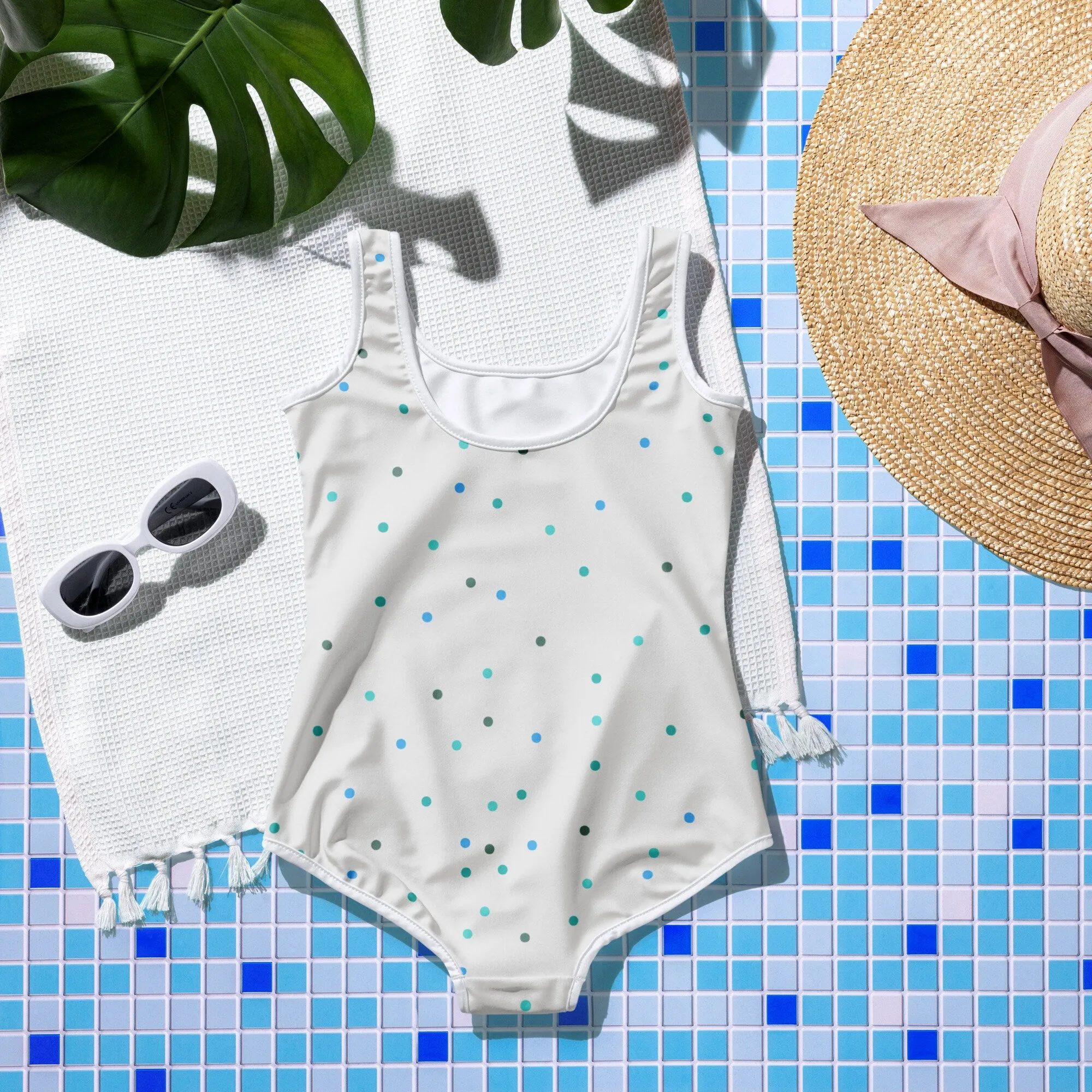 Cream and Blue Polka Dot Youth One Piece Swimsuit