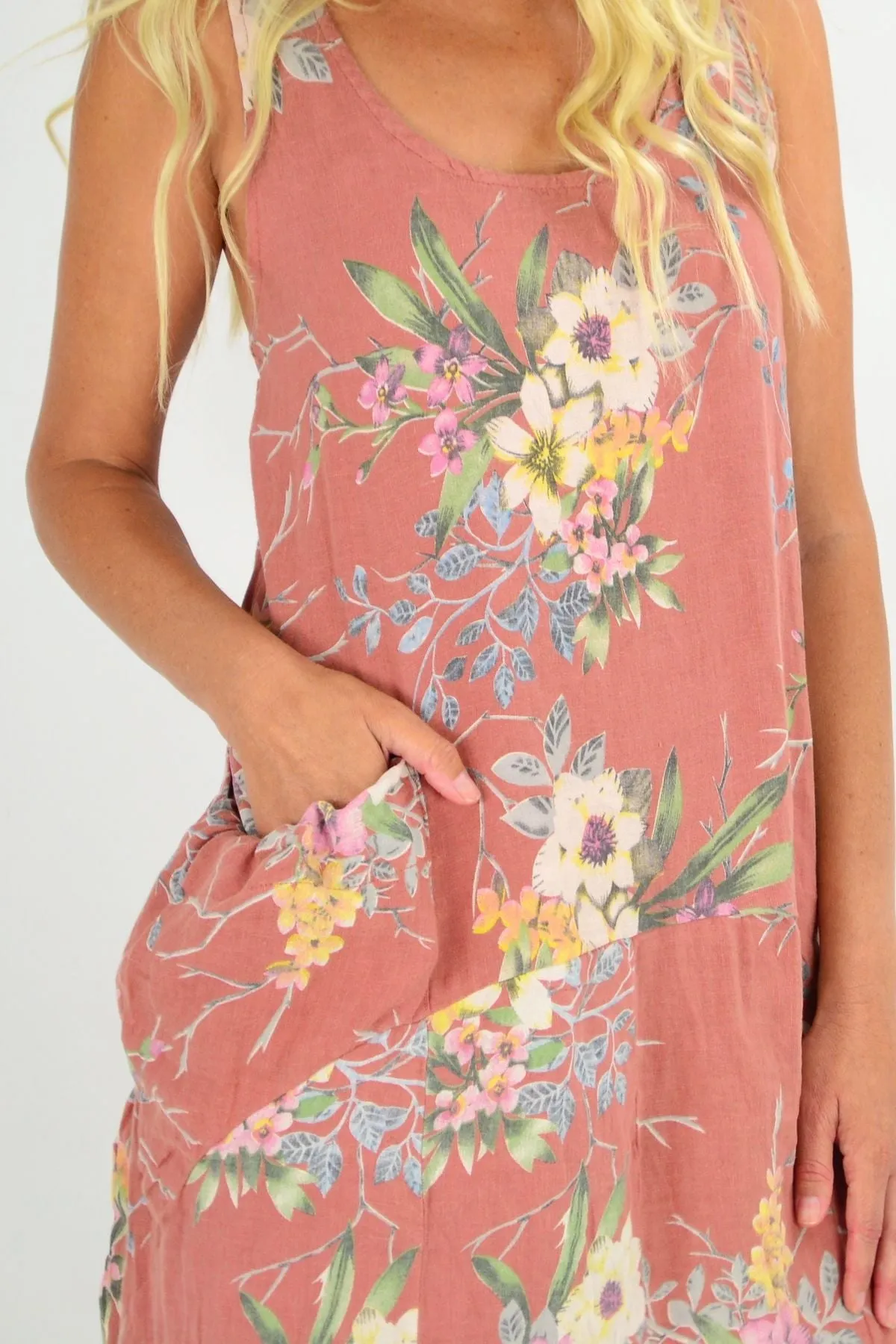Dark Salmon Native Flower Linen Tunic Dress
