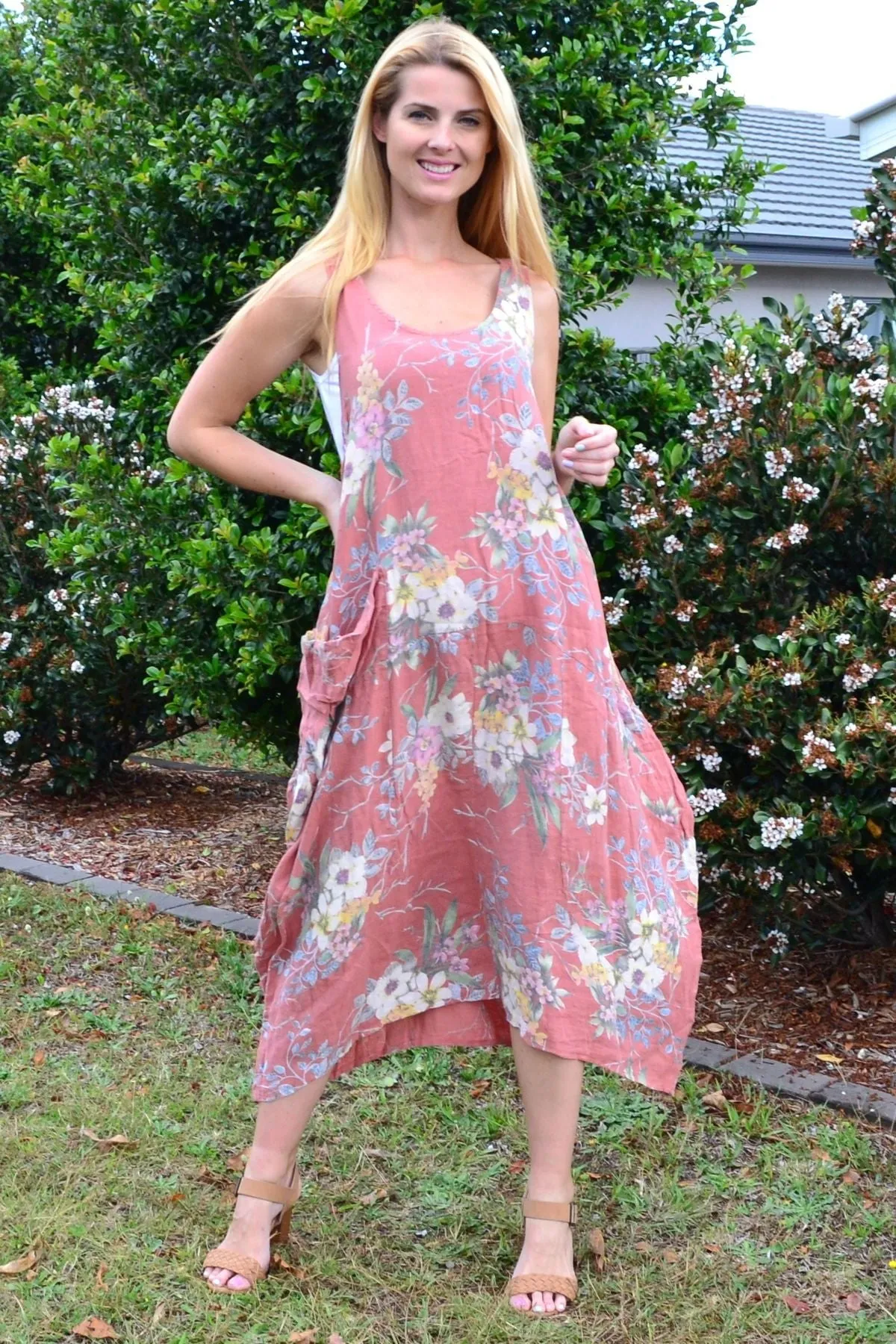 Dark Salmon Native Flower Linen Tunic Dress