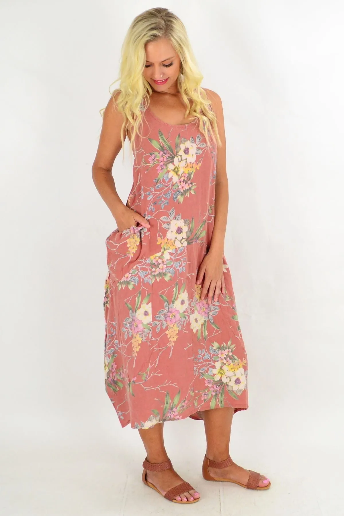 Dark Salmon Native Flower Linen Tunic Dress