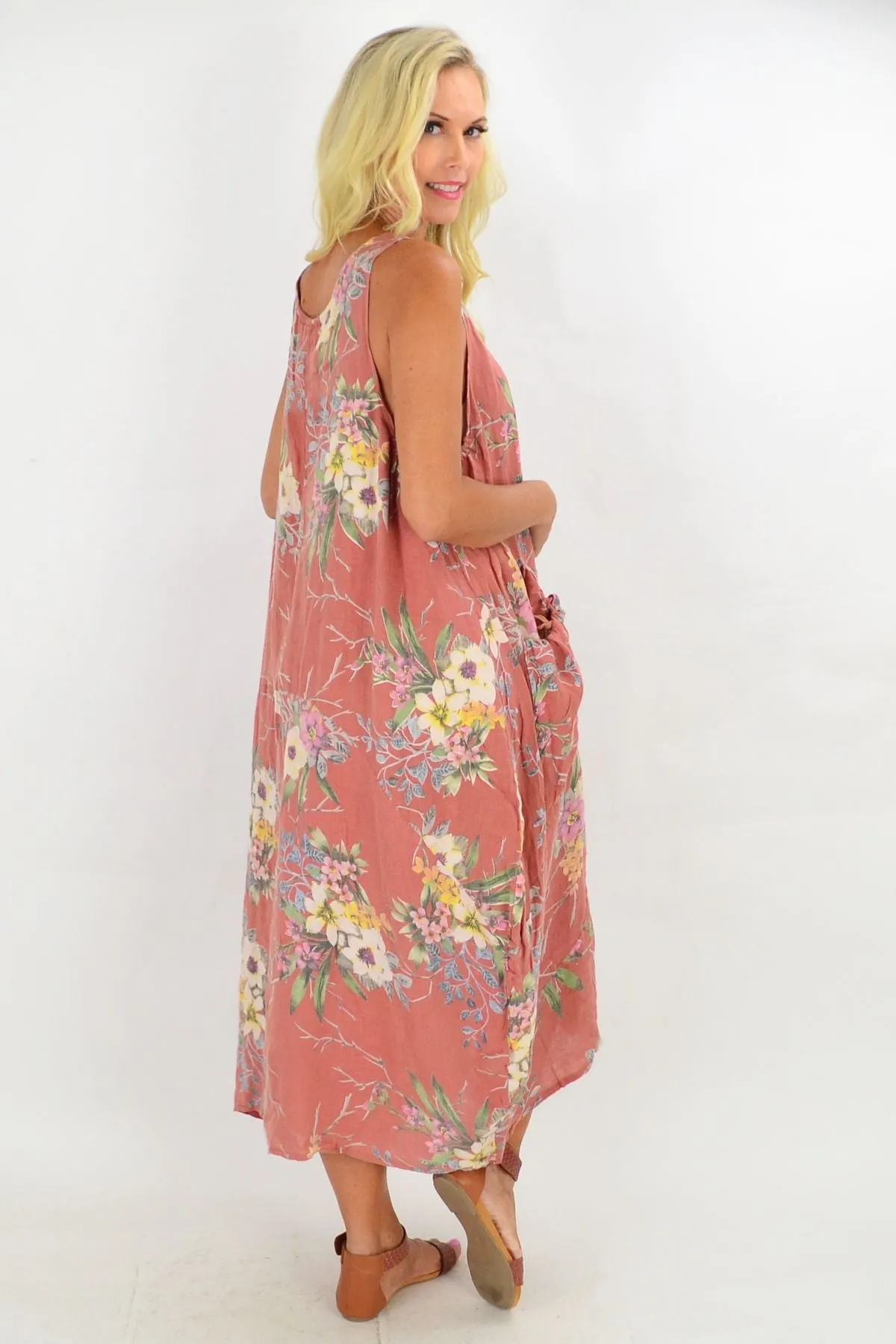 Dark Salmon Native Flower Linen Tunic Dress