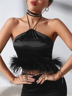 DressBetty - Feather Trim Halter Crop Top