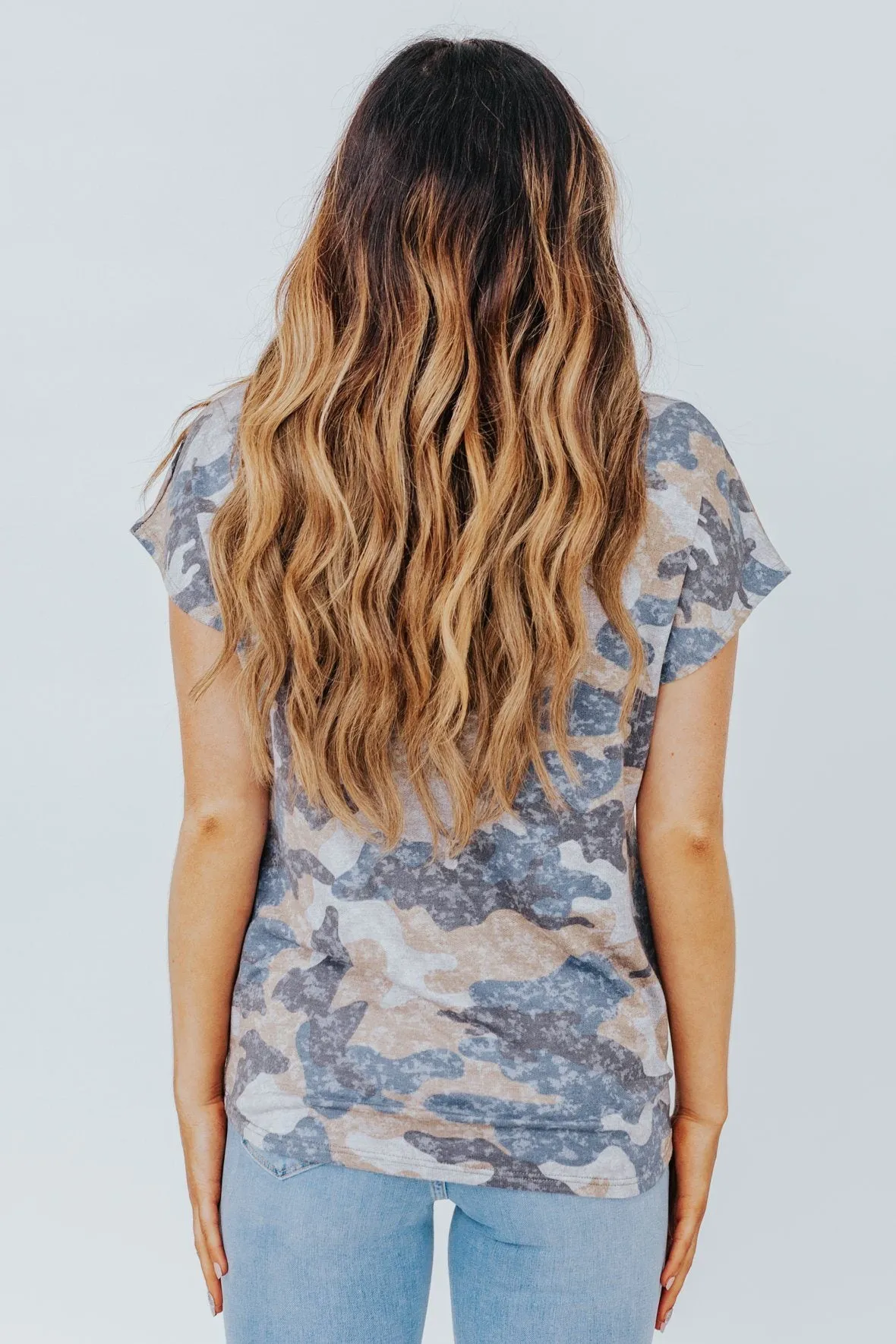Finding My Way Camo Print V-Neck Short Sleeve Top in Blue/Grey
