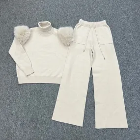 Light Beige Faux Fur Shoulder Wide Leg Tracksuit
