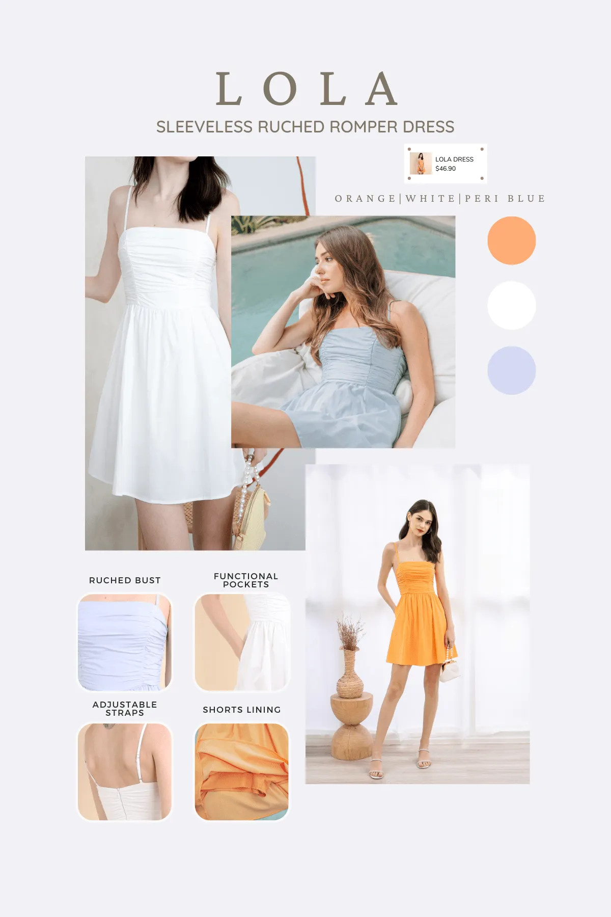 LOLA SLEEVELESS RUCHED ROMPER DRESS IN ORANGE