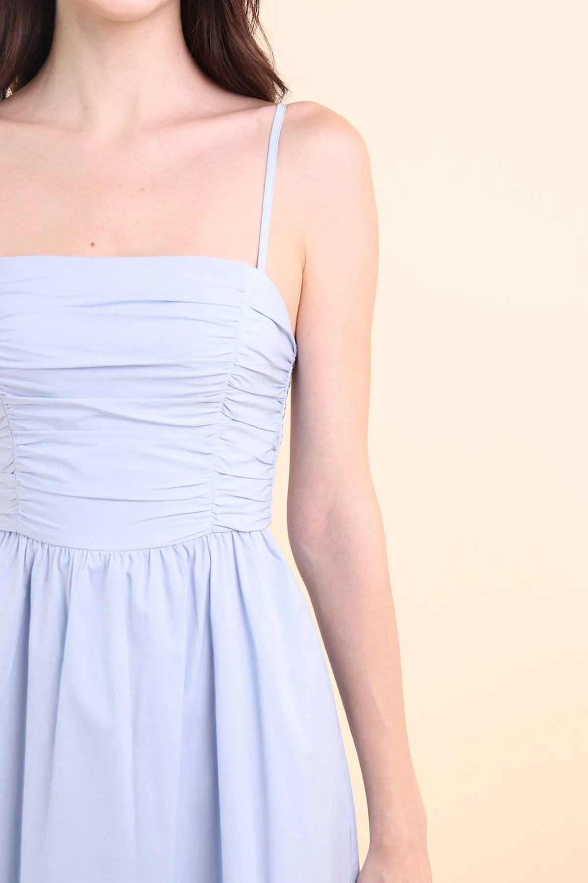 LOLA SLEEVELESS RUCHED ROMPER DRESS IN PERI BLUE