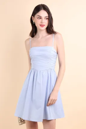 LOLA SLEEVELESS RUCHED ROMPER DRESS IN PERI BLUE