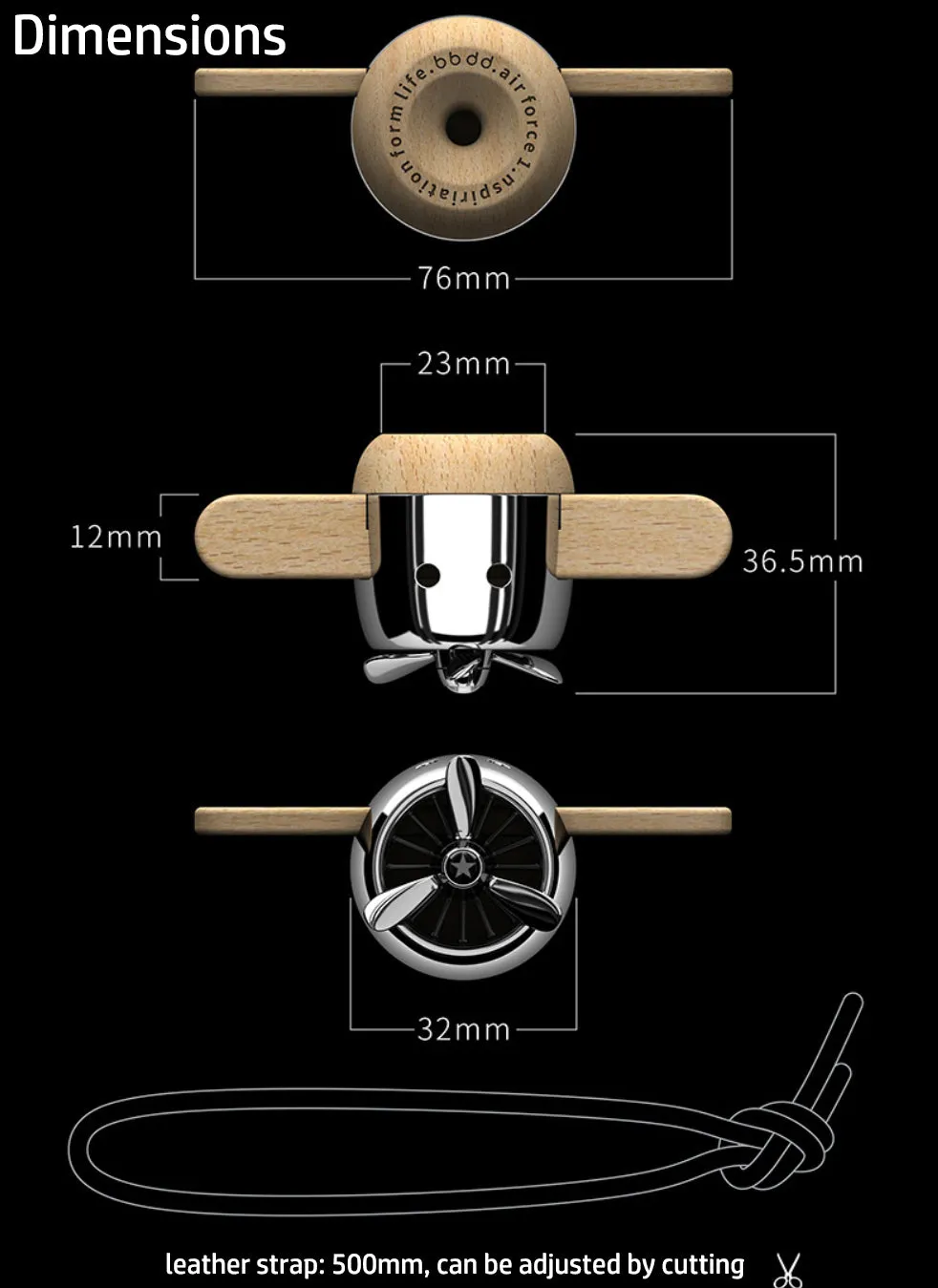 Nature Wood Diffuser Aroma Propeller Design w/leather hanging strap Gift box-BLK - #ASSRY-70832